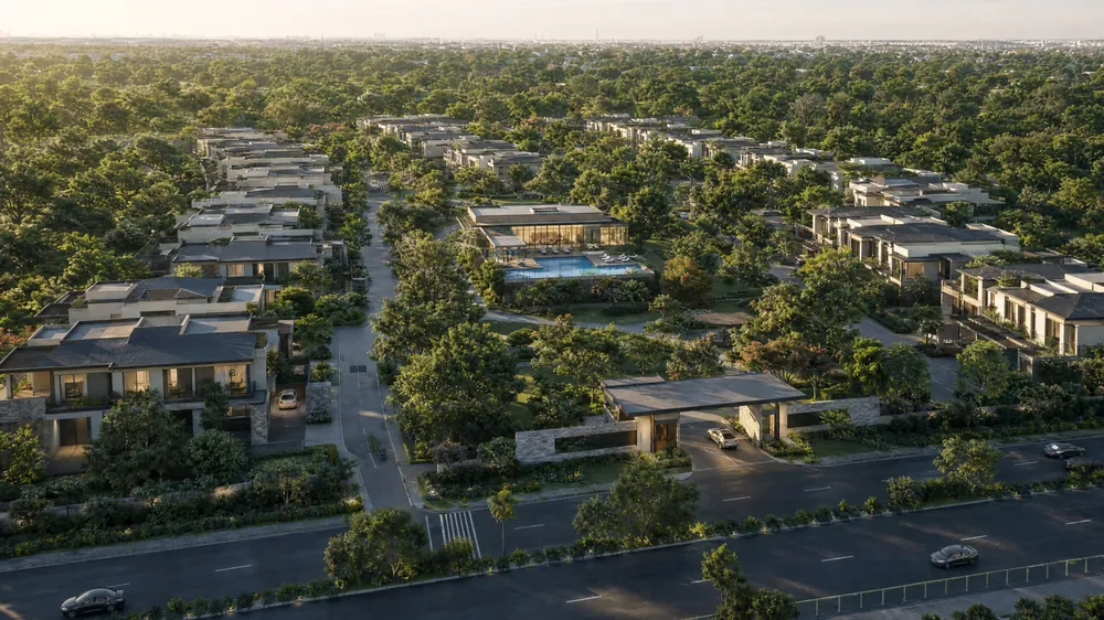 Aerial view of the row houses at Godrej Florenne, laid out in rows between landscaped open ground
