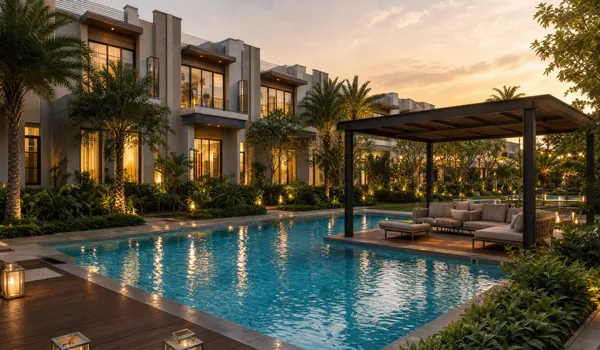The pool and shaded pergola seating in the grounds at Godrej Florenne, with the row houses behind
