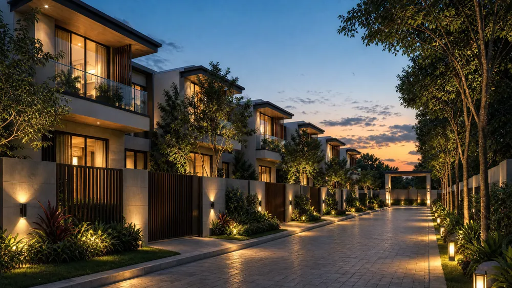 A gated frontage at Godrej Florenne at dusk, with timber screens and planting along the street
