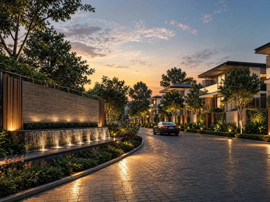 The lit entrance wall at Godrej Florenne, with the internal street and row houses beyond at dusk