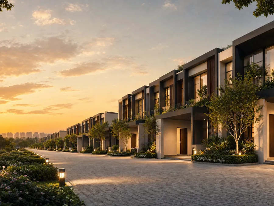 The internal street at Godrej Florenne at sunset, row houses set back behind planting along both sides