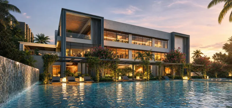 The clubhouse and pool at dusk at Godrej Lakeside Orchard on Sarjapur Road