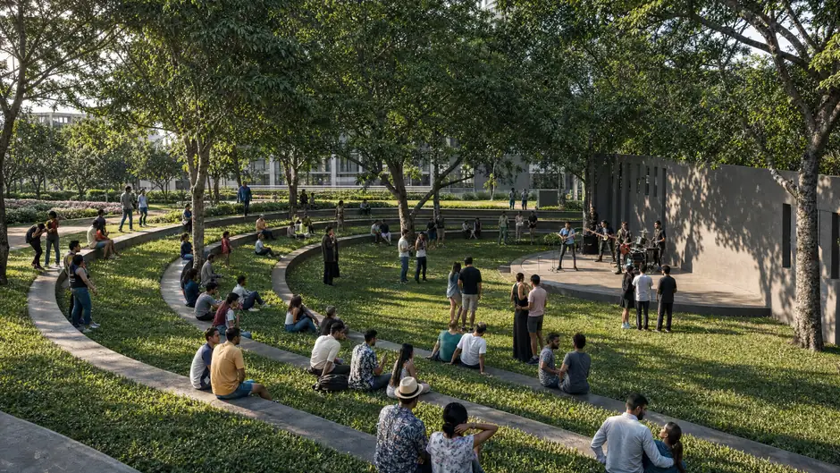 The open air amphitheatre at Godrej Lakeside Orchard, with tiered seating facing the greens