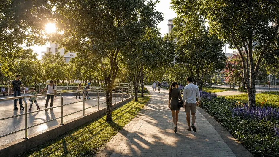 The skating rink at Godrej Lakeside Orchard, edged by planting and seating