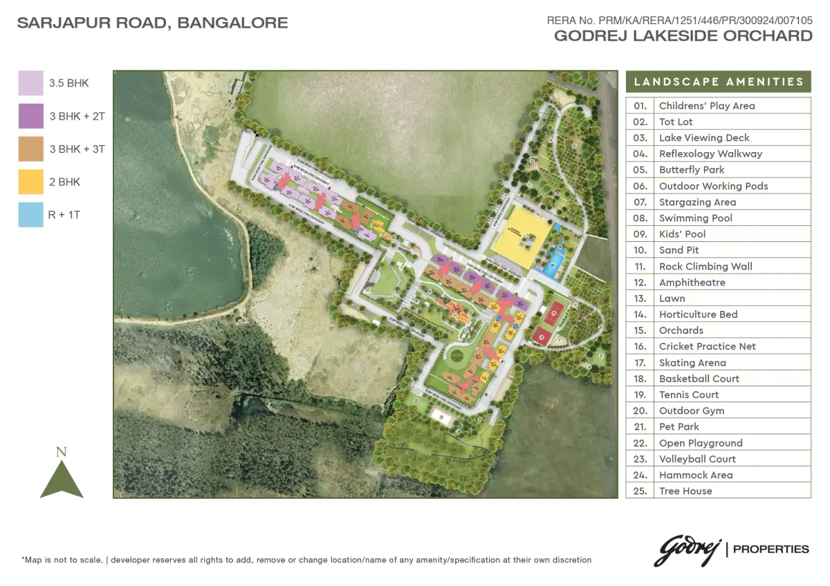Master plan drawing of Godrej Lakeside Orchard showing the blocks arranged around the water and the landscaped greens