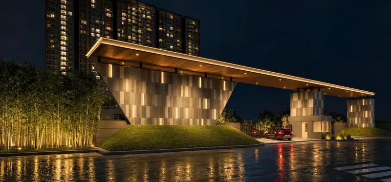 High-rise apartment blocks and landscaped greens at Godrej Parkshire on the Whitefield-Hoskote corridor