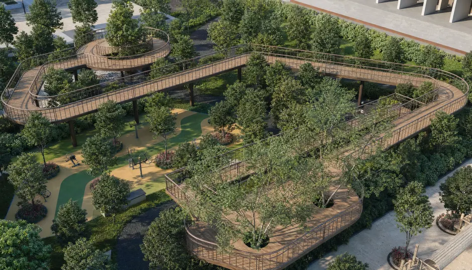 The elevated walkway at Godrej Parkshire, carried above the landscaped ground