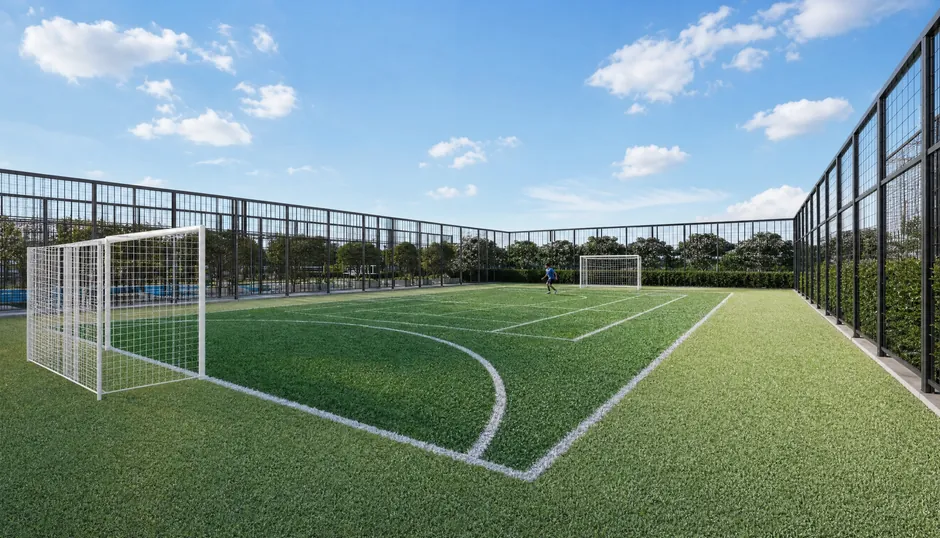 The fenced, floodlit futsal pitch at Godrej Parkshire, seen from the sideline