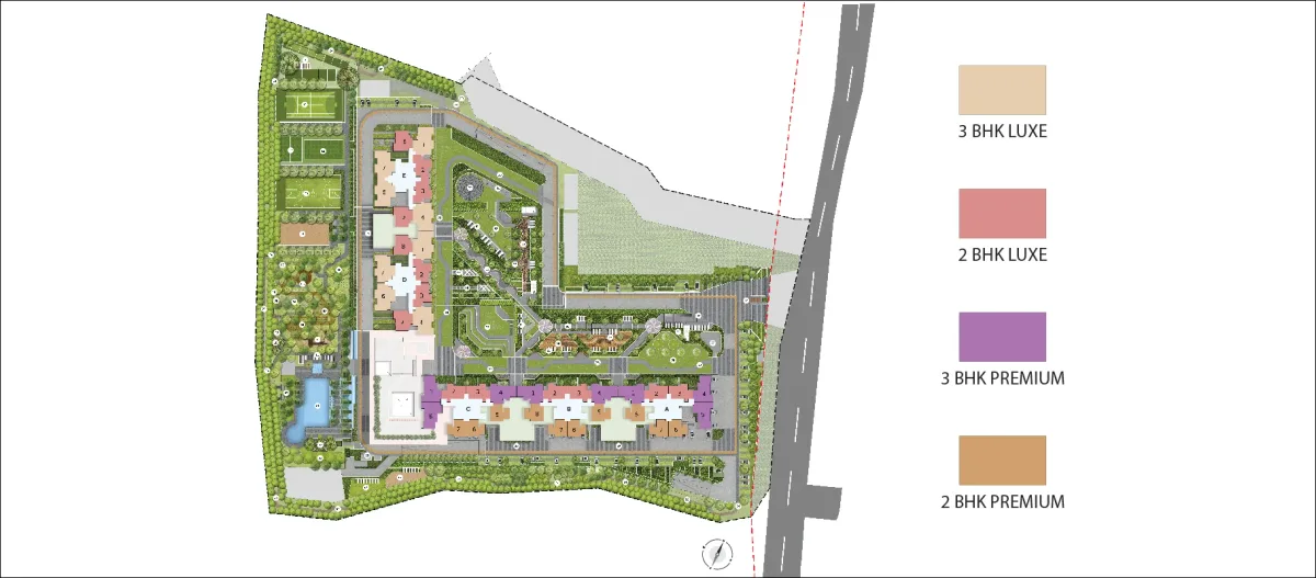 Master plan drawing of Godrej Parkshire showing the placement of the blocks around the central green space