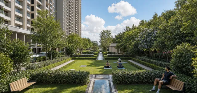 The wellness garden with shaded seating at Godrej Regent Park