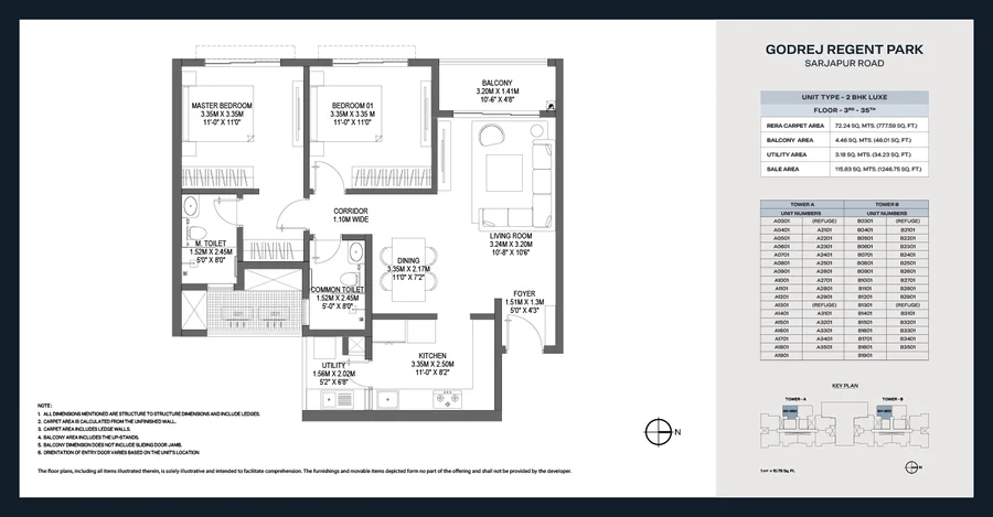 Floor plan drawing of the 2 BHK Luxe home at Godrej Regent Park, floors 3 to 35