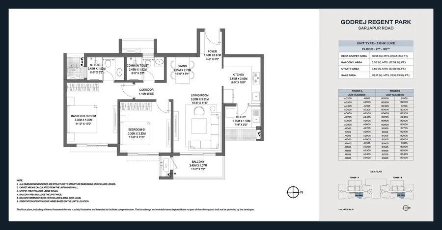 Floor plan drawing of the 2 BHK Luxe home at Godrej Regent Park, floors 2 to 35