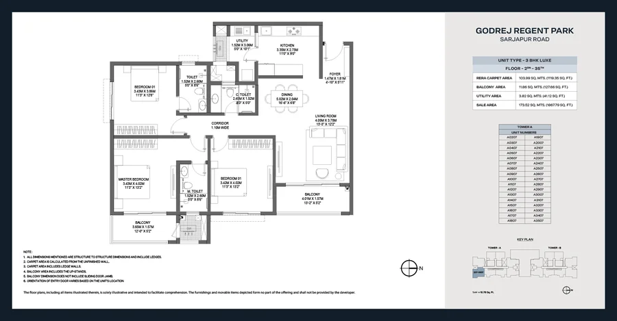 Floor plan drawing of the 3 BHK Luxe home at Godrej Regent Park, floors 2 to 35