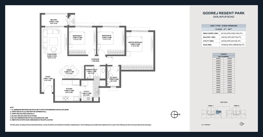 Floor plan drawing of the 3 BHK Premium home at Godrej Regent Park, floors 4 to 35