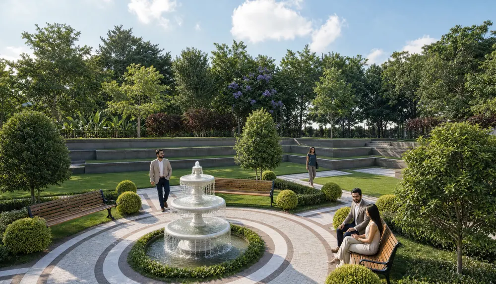 The formal water fountain at the centre of the landscaped grounds at Godrej Regent Park