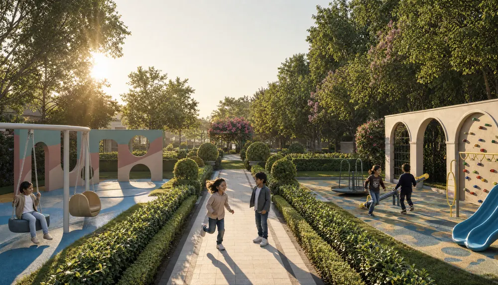 The children's play area at Godrej Regent Park, with play equipment on a soft surface