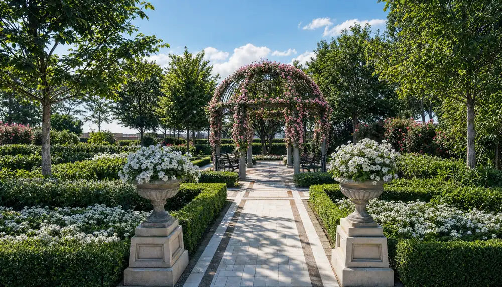 The garden pavilion at Godrej Regent Park, framed by clipped hedging