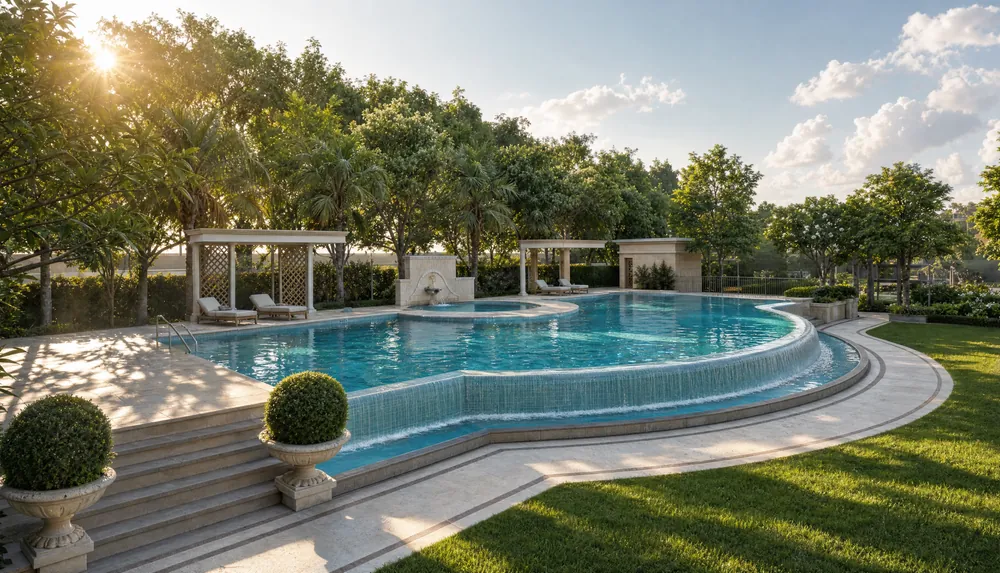 The swimming pool at Godrej Regent Park, edged by decking and planting