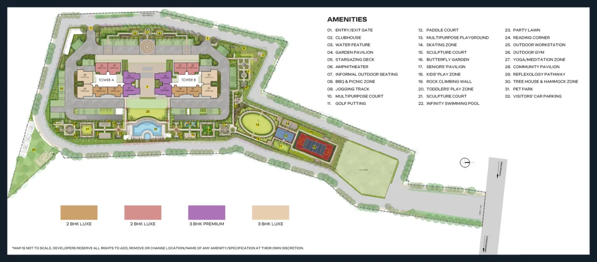 Master plan drawing of Godrej Regent Park showing the tower placement, clubhouse, and landscaped zones